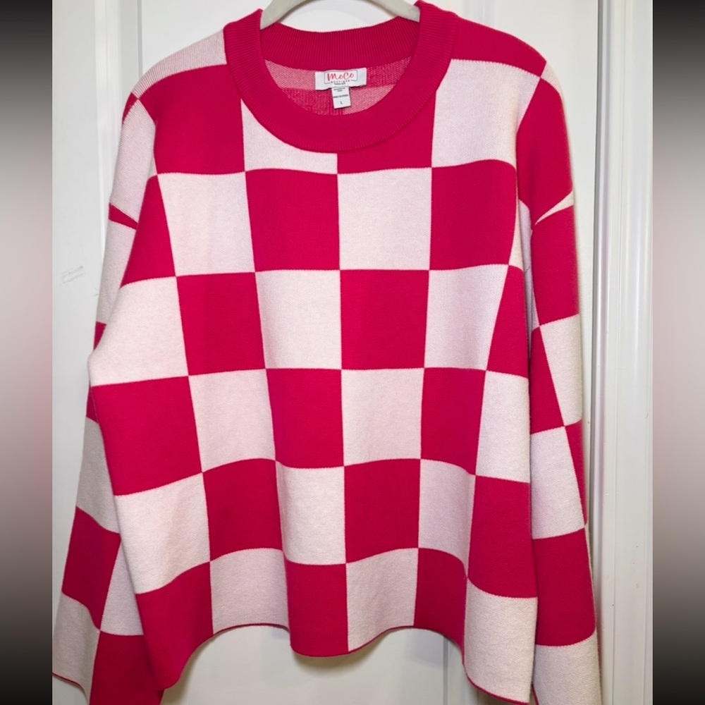 NWOT MOCO Boutique Hot Pink and white checkered sweater large